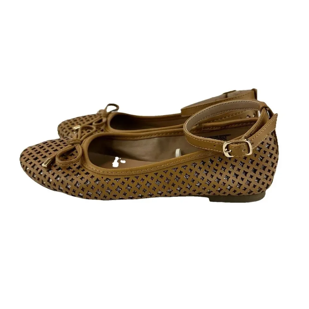 Sugar Evelyn Ballet Flats Girls Sz 2M Tan Brown Buckle Strap Bow Glitter